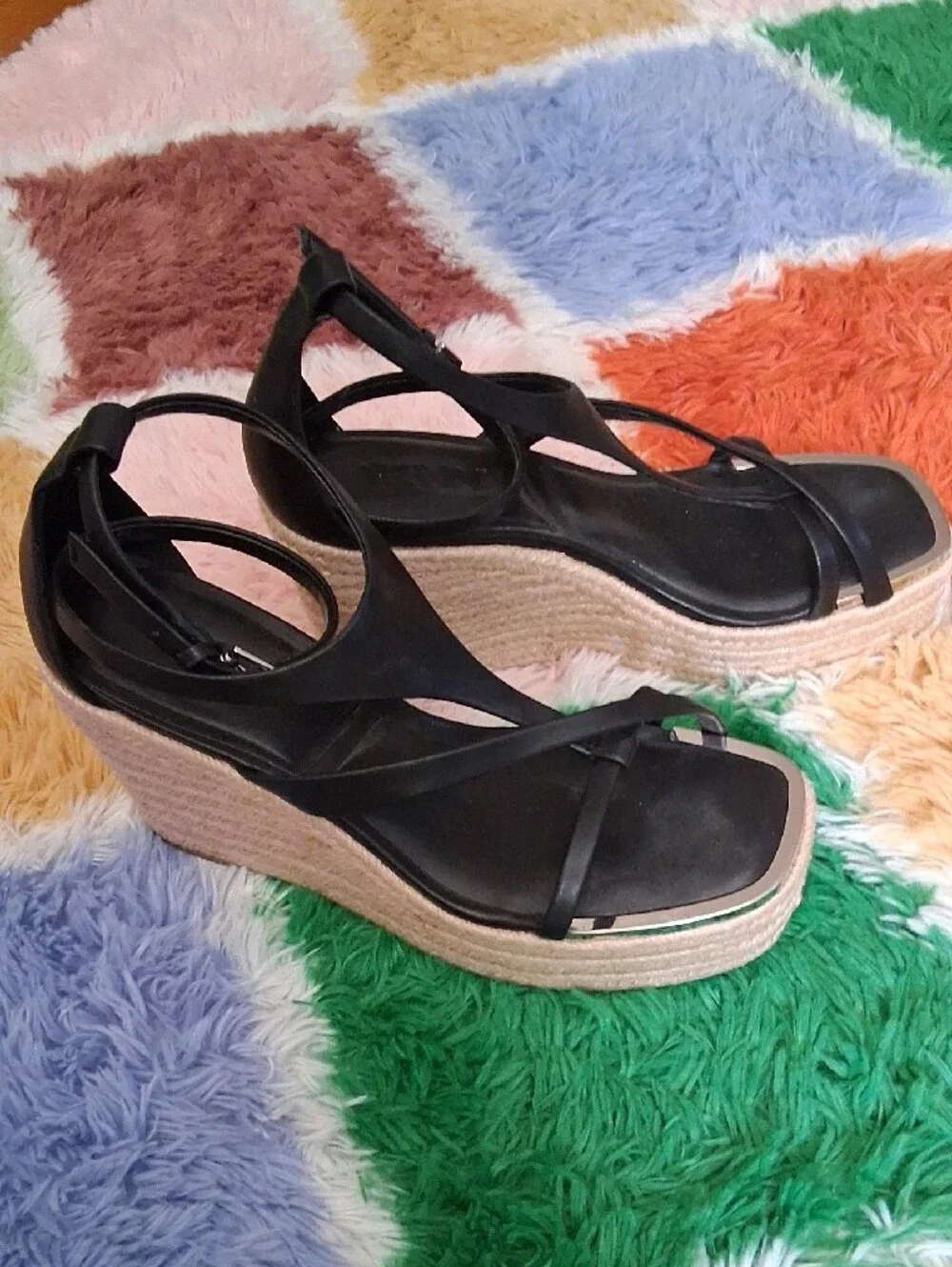 DKNY Black Strappy Wedge Sandals with Espadrille Sole